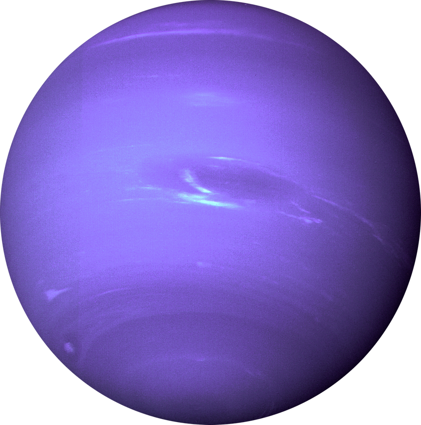 Photo of full-disk view of Neptune produced from the last whole planet images taken through the green and orange filters on the Voyager 2 narrow angle camera